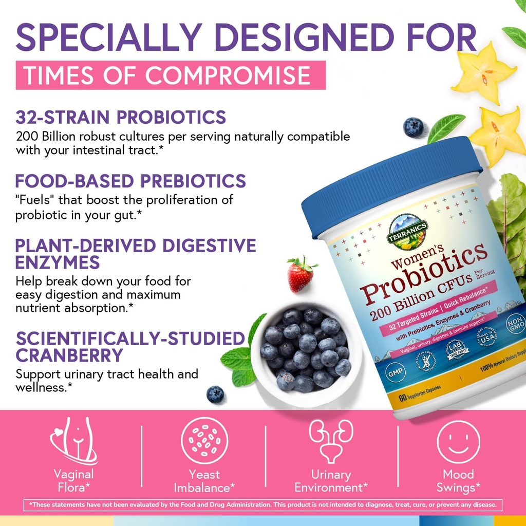 Terranics Daily Probiotics for Women, 200 Billion 32 Strains Womens Probiotics, with Cranberry, Prebiotics & Enzymes, Rebalance Vaginal Flora & pH, Delayed Release, Shelf Stable, 60 Vegan Caps 4