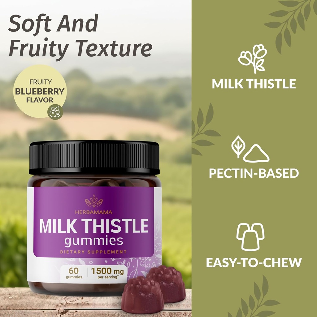 HERBAMAMA Milk Thistle Supplement - 1500mg Milk Thistle Seed Gummies for Liver Cleanse - Vegan, Non-GMO Liver Support with Silybum Marianum - 60 Pectin-Based Blueberry-Flavored Chews 5