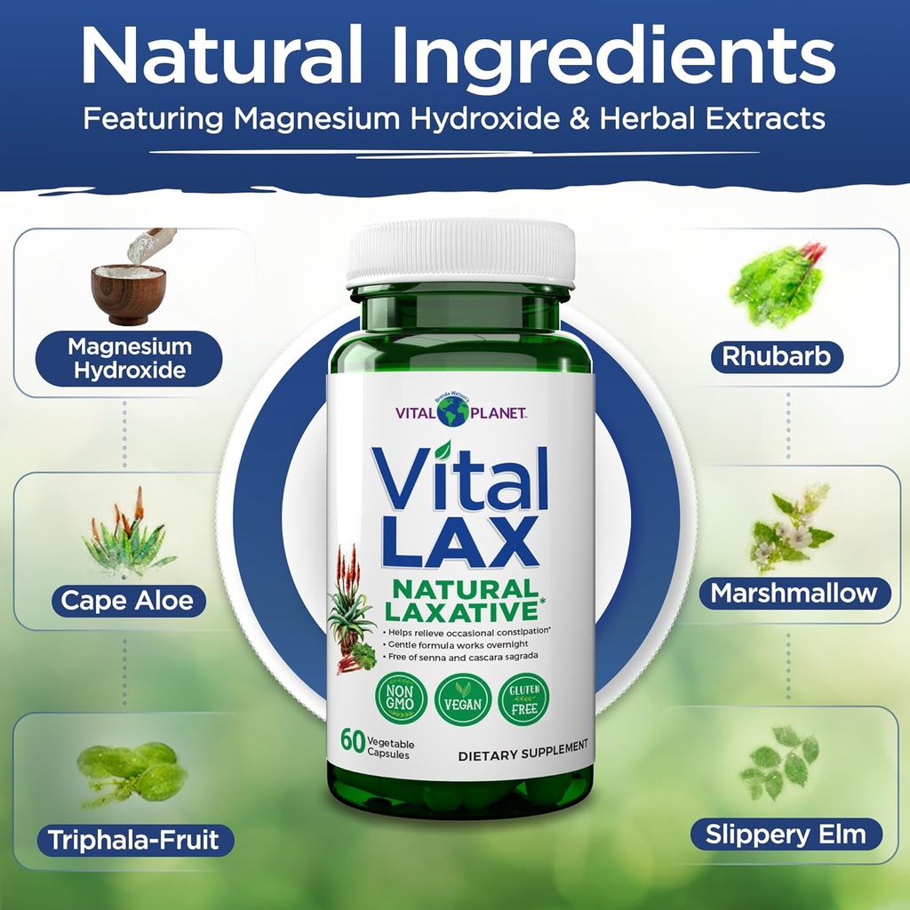 Vital Planet - Vital Lax Natural Laxative Cleanse Supplement for Occasional Constipation, with Magnesium Hydroxide, Slippery Elm, Aloe, and Triphala to Support Bowel Regularity 60 Capsules 4