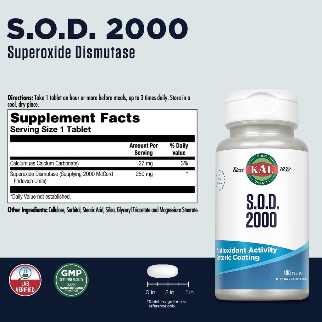 KAL S.O.D. 2000 Antioxidant Supplement - Beef Liver Source - Enteric Coated for Maximum Assimilation - Lab Verified - GMP Facility - 60 Day Guarantee - 100 Servings, 100 Tablets 3