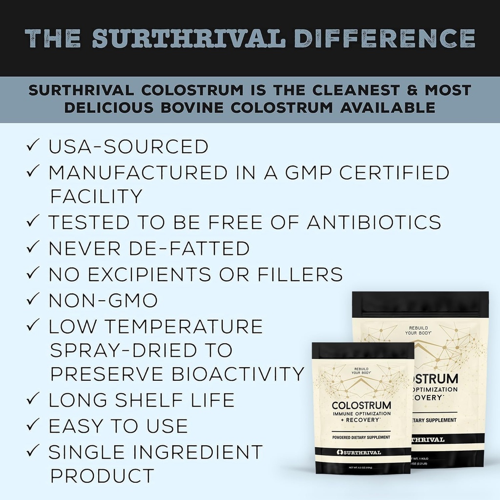 Surthrival: Colostrum Powder (1 Kilo, 2.2lbs), Immune Optimization & Recovery, Powdered Dietary Supplement, Gut Health, Immune Support, Keto Friendly 5