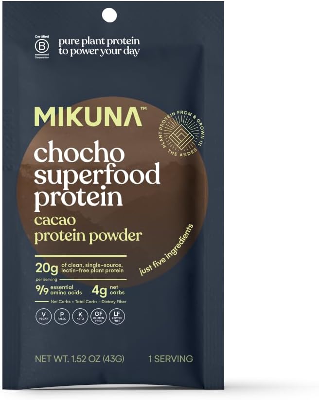Mikuna Chocho Superfood Protein, Plant-Based Protein Powder, Travel Packs - Vegan, Gluten Free, 3g Net Carbs or Less, and Bioavailable, Non-Isolate (8 Servings, Cacao) 3