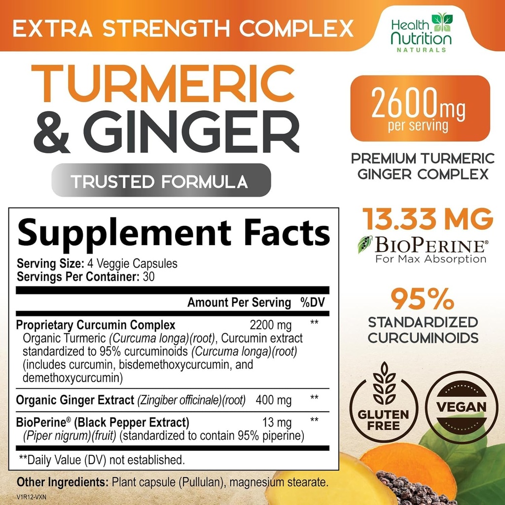 Turmeric Curcumin Supplement 2600mg - with Organic Ginger & Turmeric, 95% Curcuminoids, BioPerine Black Pepper for Best Absorption, Nature's Vegan Joint Support, Non-GMO, Bottled in USA - 120 Capsules 3