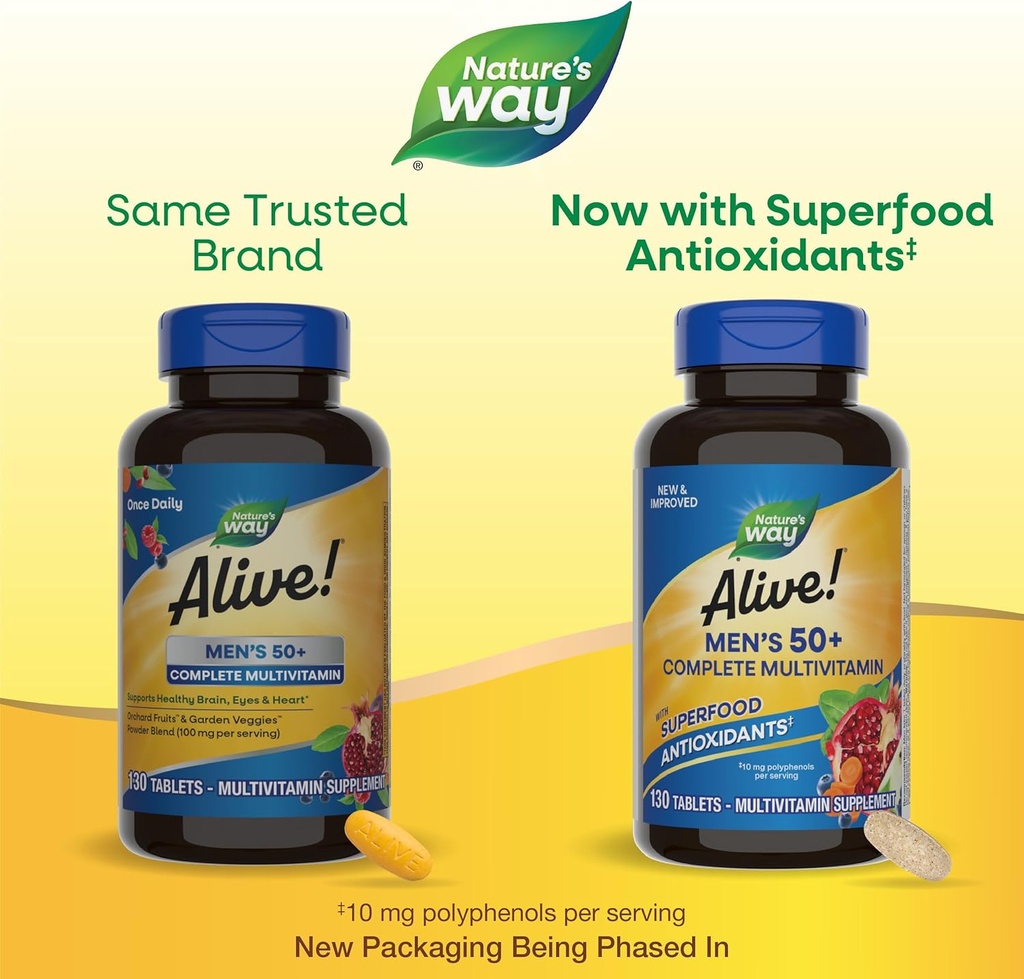 Nature’s Way Alive! Men’s 50+ Complete Multivitamin, Supports Multiple Body Systems*, Supports Cellular Energy*, High Potency B-Vitamins, Gluten-Free, 130 Tablets (Packaging May Vary) 3