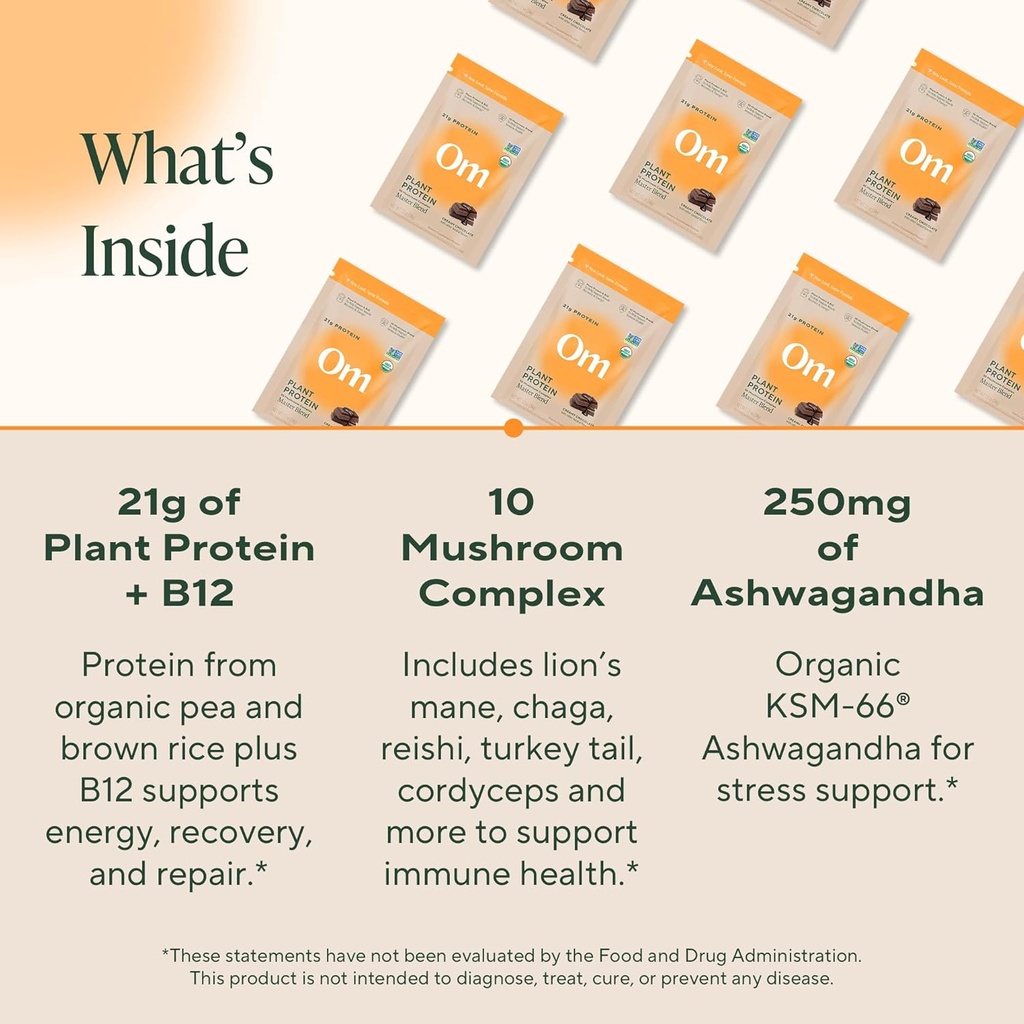 Om Master Blend Vegan Protein Powder, Chocolate, 21g of Plant Protein - Organic Mushroom Supplement with 10 Mushroom Complex, Ashwagandha, BCAAs and Vitamin B12 - Single Serve (10 Count)​ 5