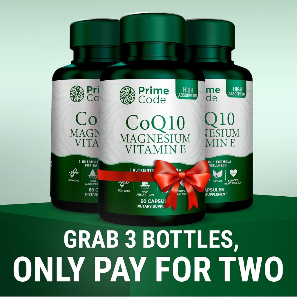 Prime Code [ 3 𝐢𝐧 𝟏] CoQ10 250mg with Magnesium Glycinate and Vitamin E | CoQ10 Capsules 250mg | Magnesium Glycinate 200mg | Vitamin E 15mg | Non-GMO | Gluten & Soy Free | Vegan 4