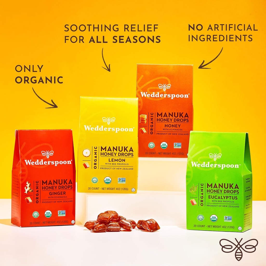 Wedderspoon Organic Manuka Honey Drops, Ginger & Echinacea, 20 Count (Pack of 1) | Genuine New Zealand Honey | Perfect Remedy For Dry Throats 5