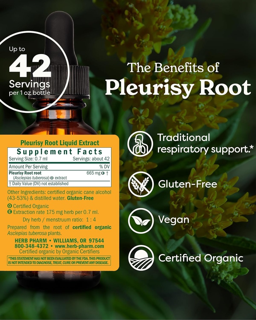 Herb Pharm Certified Organic Pleurisy Root Liquid Extract for Respiratory System Support 1 Fl Oz 3