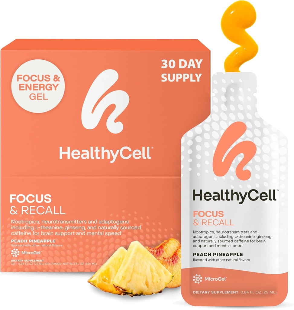 Healthycell Focus & Recall, Daily Liquid Brain Supplement for Focus & Memory - Nootropics Supplement for Concentration & Alertness with L-Theanine, Omega-3 & Taurine - 30 Gel Packs 2