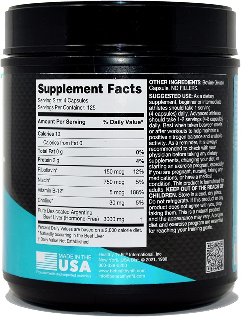 Healthy 'N Fit Triple Potency Liver (500 Capsule Mega-Value) - Pure Argentine Desiccated Beef Liver. Grass Fed, Hormone Free, Pasture Raised, No Fillers. 3