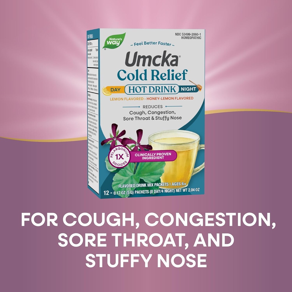 Nature's Way Cold Relief Hot Drink, Umcka, Homeopathic, Clinically Proven Pelargonium Sidoides 1X, for Cough, Congestion, Sore Throat, Stuffy Nose, Day & Night Formula, 12 Packets (Packaging May Vary) 5