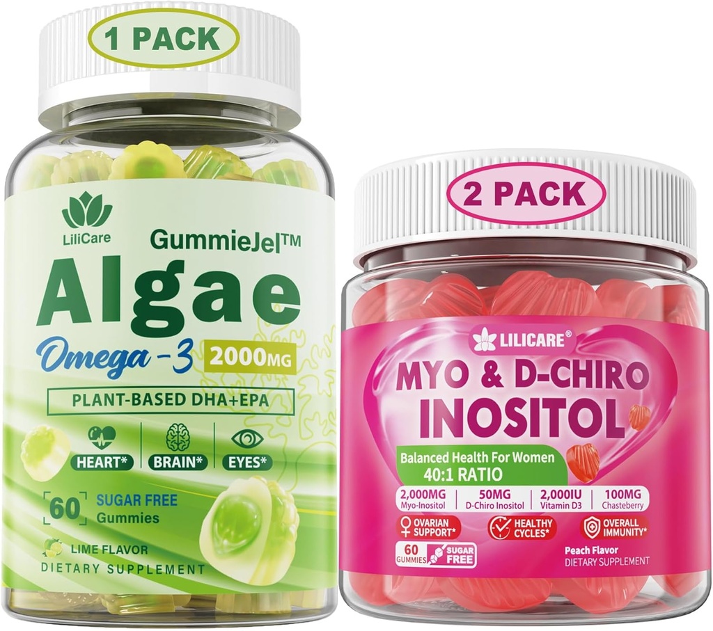 Bundle: Vegan Omega 3 Supplement Gummies & Inositol Gummies Ideal 40:1 Ratio Myo & D-Chiro Inositol 2