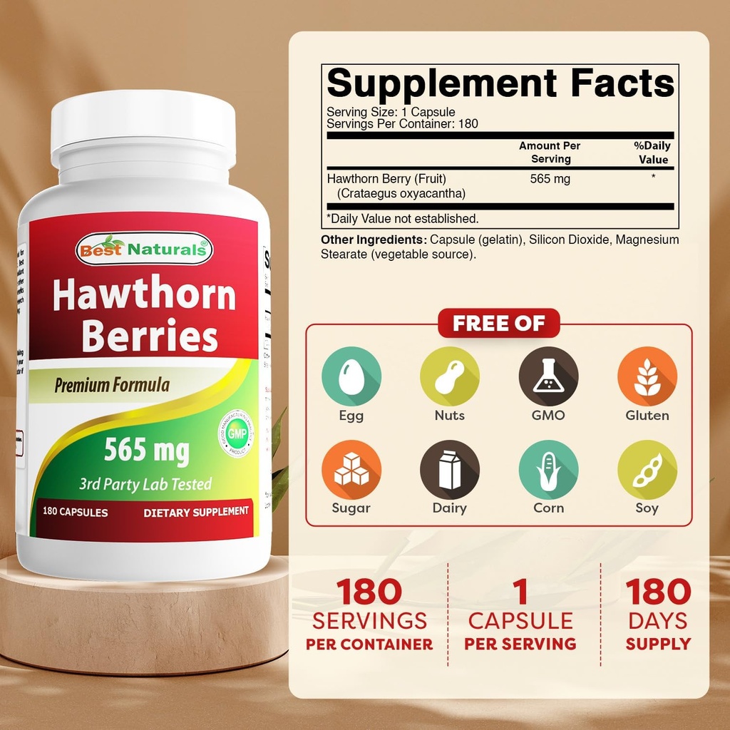 Best Naturals Hawthorn Berry 565 mg 180 Capsules (180 Count (Pack of 1)) 3