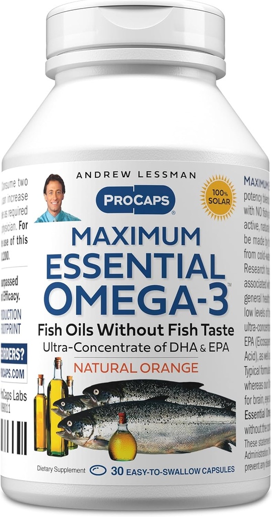 ANDREW LESSMAN Maximum Essential Omega-3 Orange - 30 Softgels - Ultra-Pure, High Potency Omega-3 Oils. High DHA, No Stomach Upset, No Contaminants, No Mercury. Small Easy to Swallow Softgels 2