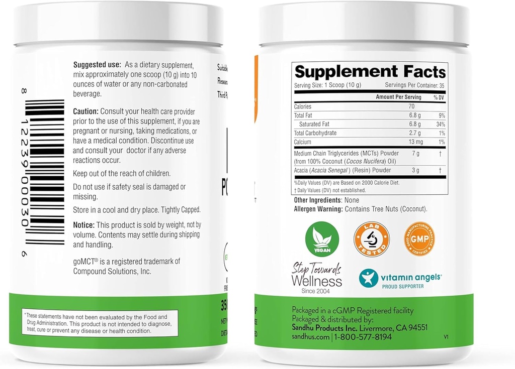 Sandhu's MCT Oil Powder with Prebiotic Fiber | 35 Servings | Organic - Keto | Fatty Acid Fuel for Body & Brain | 100% Coconut Oil derived, Easy to Mix, 10.6 Oz 4