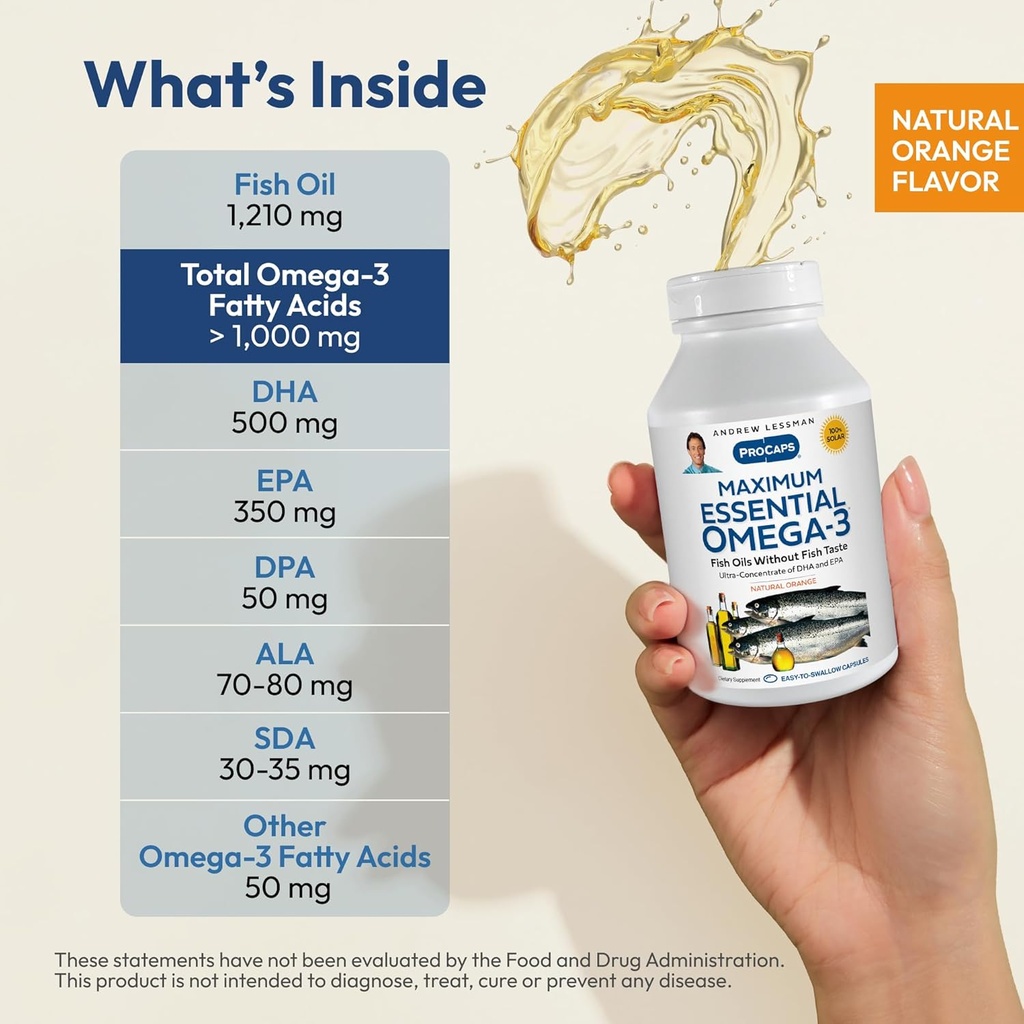 ANDREW LESSMAN Maximum Essential Omega-3 Orange - 30 Softgels - Ultra-Pure, High Potency Omega-3 Oils. High DHA, No Stomach Upset, No Contaminants, No Mercury. Small Easy to Swallow Softgels 4