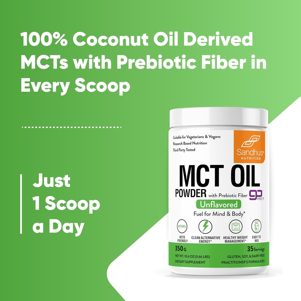 Sandhu's MCT Oil Powder with Prebiotic Fiber | 35 Servings | Organic - Keto | Fatty Acid Fuel for Body & Brain | 100% Coconut Oil derived, Easy to Mix, 10.6 Oz 6