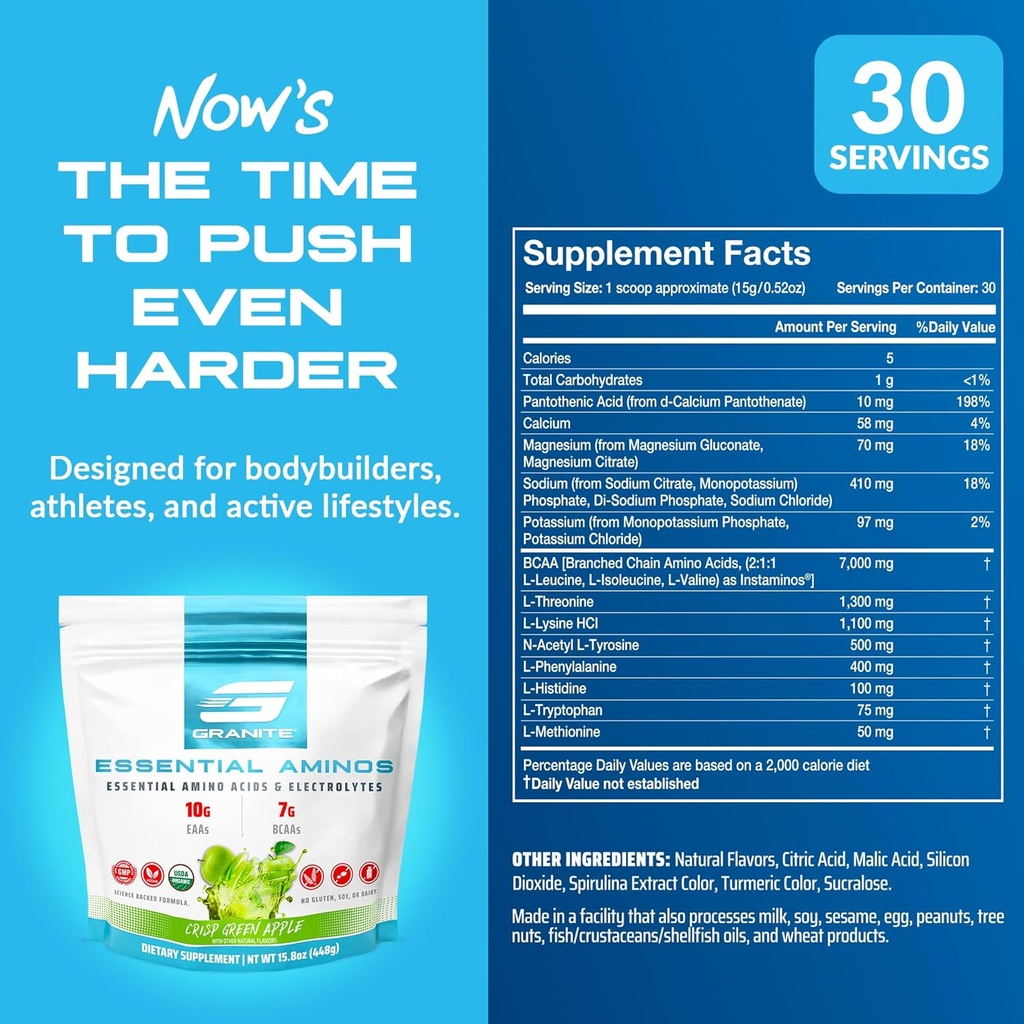 Granite Essential Amino Acids Powder, Green Apple Flavor, with 10g EAAs and 7g BCAAs, Supports Muscle Recovery & Growth, Soy-Free, Gluten-Free (30 Servings) 4