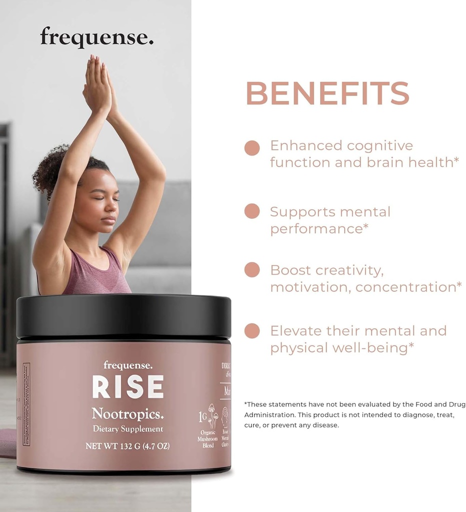 FREQUENSE - Rise Nootropic Tub - Mango Lemonade Flavor - Supports Brain Performance & Clarity - with Mushrooms, B Vitamins & Green Coffee - 132g 5