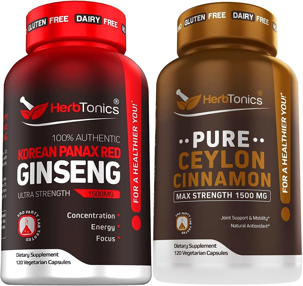 Korean Red Panax Ginseng 1500mg - High Potency Ginseng for Energy, Performance & Immune Support for Men & Women - Pure Ceylon Cinnamon Capsules for Enhanced Well-Being - 1500mg per Serving 2
