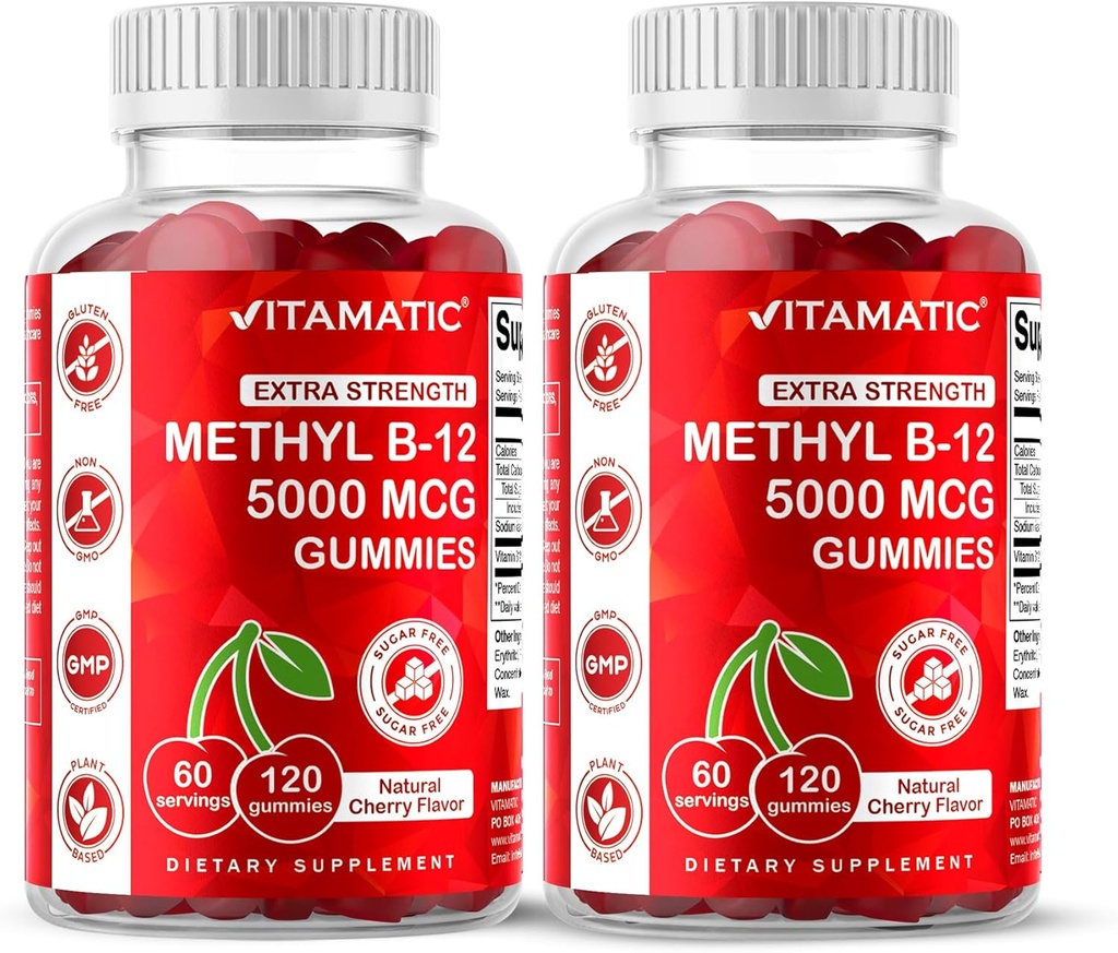 Vitamatic 2 Packs Extra Strength Vitamin B12 5000 mcg (Methyl B12) Gummies - 120 Count - Energy Metabolism Support and Nervous System Health Support, Natural Cherry Flavored 2