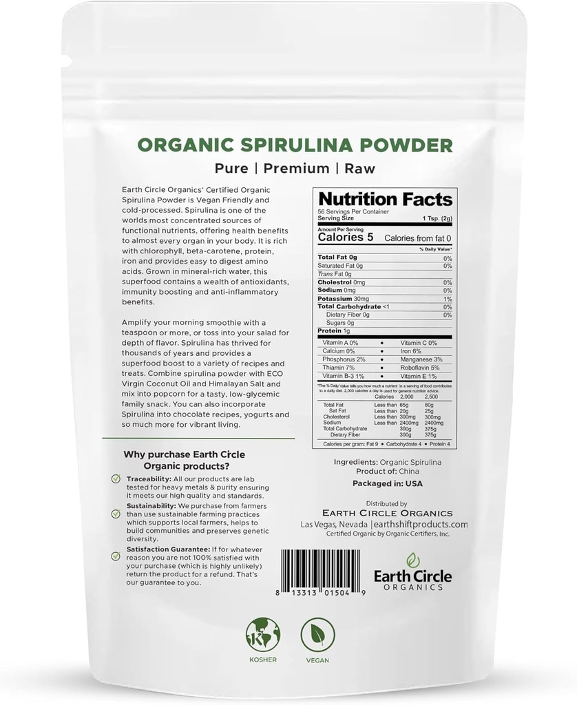 Earth Circle Organics Spirulina Powder, Kosher, Raw and Non-Irradiated | Pure Vegan Protein | Premium Superfood, High in Amino Acids and Antioxidants - 4 Ounce (2 Packs) 3