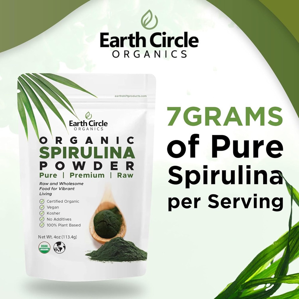 Earth Circle Organics Spirulina Powder, Kosher, Raw and Non-Irradiated | Pure Vegan Protein | Premium Superfood, High in Amino Acids and Antioxidants - 4 Ounce (2 Packs) 5