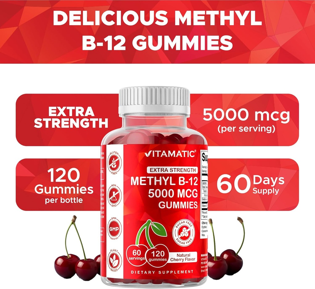 Vitamatic 2 Packs Extra Strength Vitamin B12 5000 mcg (Methyl B12) Gummies - 120 Count - Energy Metabolism Support and Nervous System Health Support, Natural Cherry Flavored 6