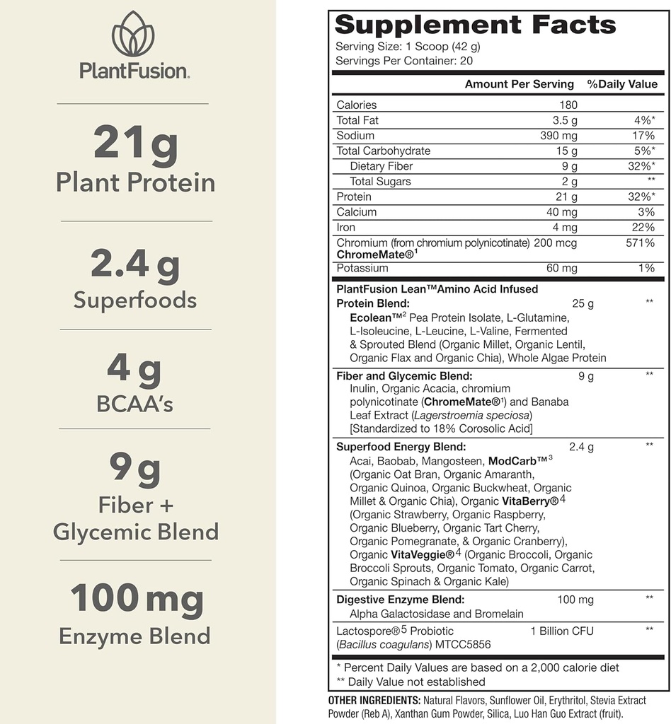 PlantFusion Complete Lean Plant Based Protein Powder - Prebiotic Fiber, Superfoods & Digestive Enzymes - Vegan, Gluten Free, Soy Free, Non-GMO - Vanilla 1.85 lb 3