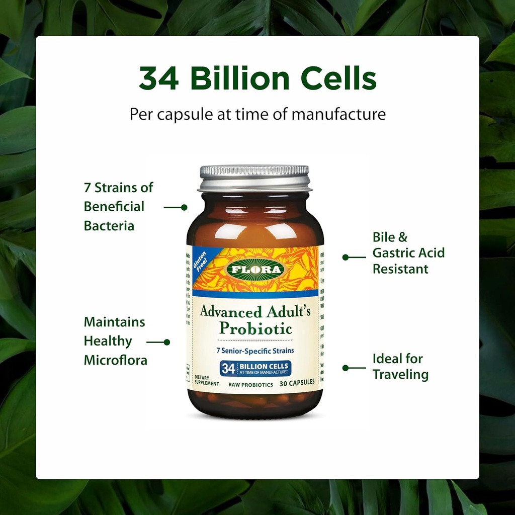 Flora - Advanced Adult's Blend Probiotic, Seven Senior-Specific Strains, Gluten Free, Raw Probiotic with 34 Billion Cells, 30 Capsules 5