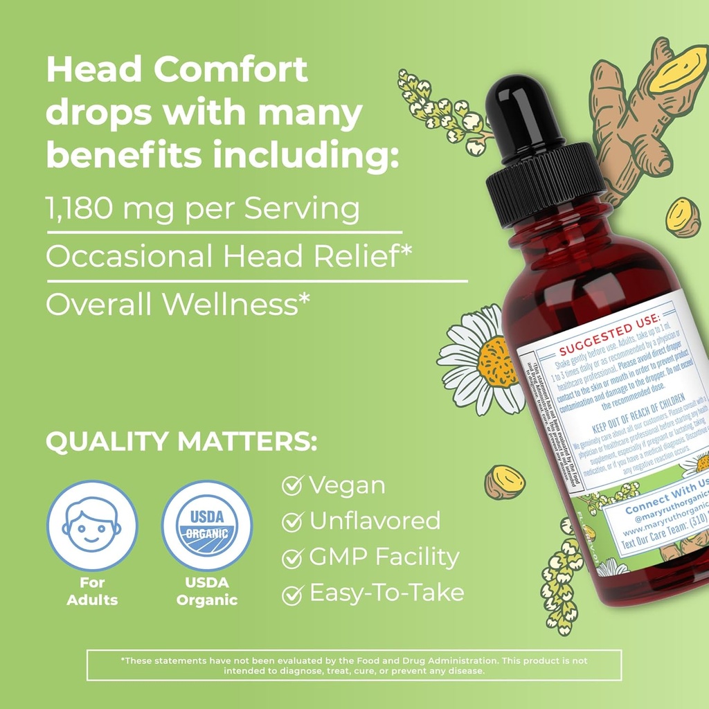USDA Organic Head Comfort Liquid Extract Herbal Blend by MaryRuth's | Ginger Root | Willow Bark | Feverfew Whole Plant | Meadowsweet |Traditional Herbs | Non-GMO | Vegan | Gluten Free | 1 Fl Oz 4