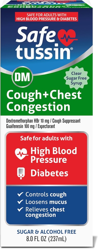 Safetussin DM Cough & Chest Congestion, 8 oz, Expectorant Mucus Relief, Cough Relief Syrup, Safe for Adults with High Blood Pressure & Diabetes 2