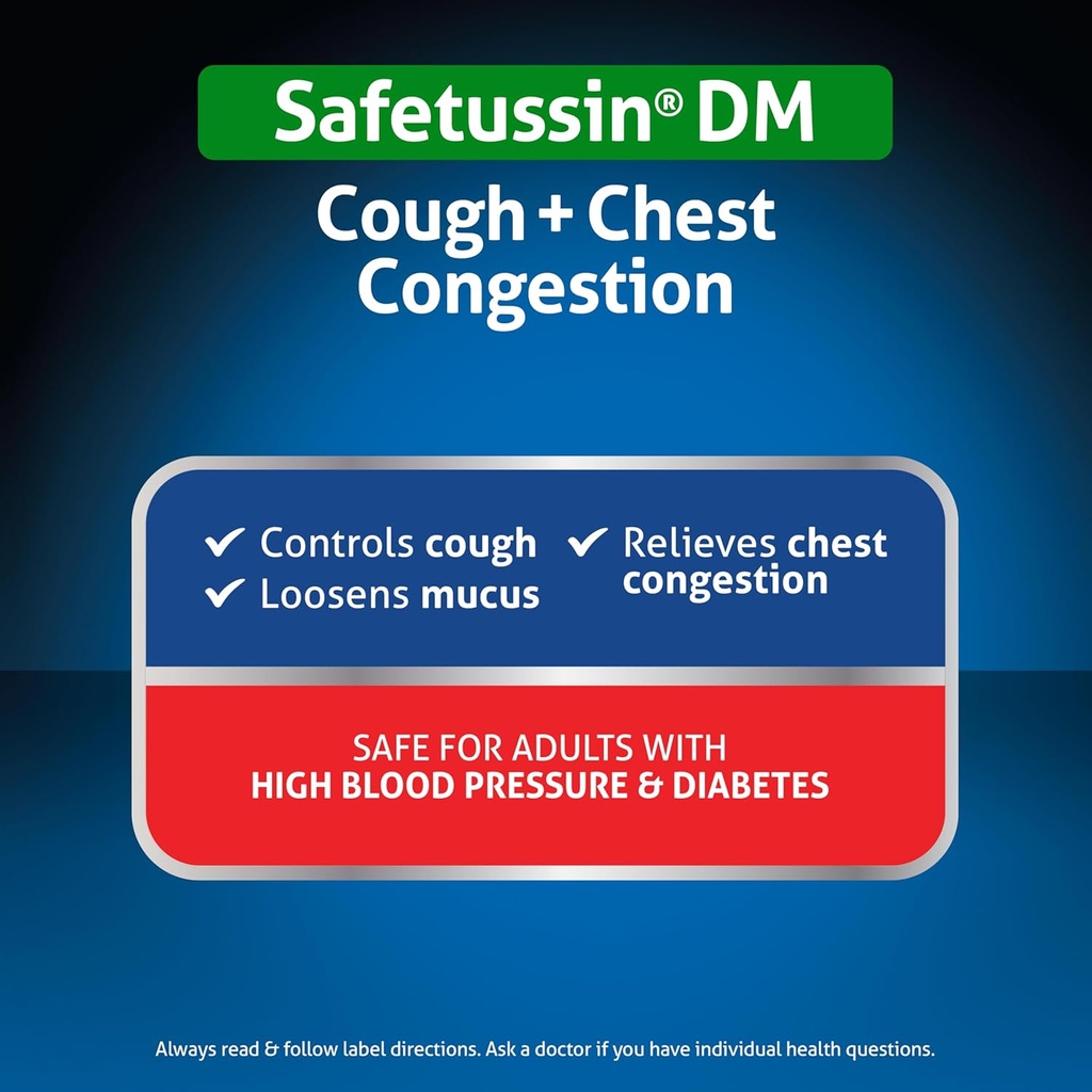 Safetussin DM Cough & Chest Congestion, 8 oz, Expectorant Mucus Relief, Cough Relief Syrup, Safe for Adults with High Blood Pressure & Diabetes 6