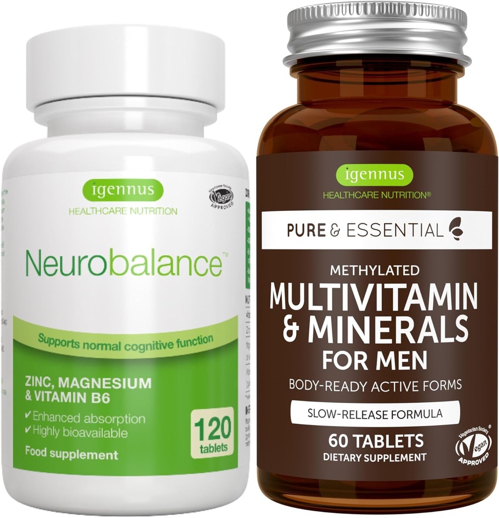Neurobalance + Multivitamin & Minerals for Men Vegan Bundle, High Absorption Zinc, Magnesium & B6 Supplement + Sustained Release Multivitamin by Igennus 2