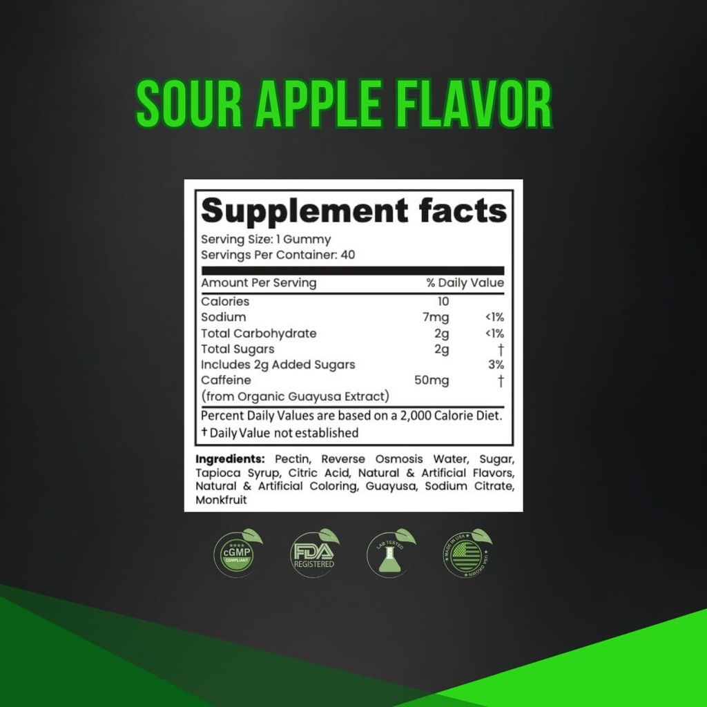 G4C Energy Gummies, 50mg Natural Caffeine per Gummy, Organic Guayusa, Energy Gummies with Caffeine, Sour Apple Flavor (40ct) 6