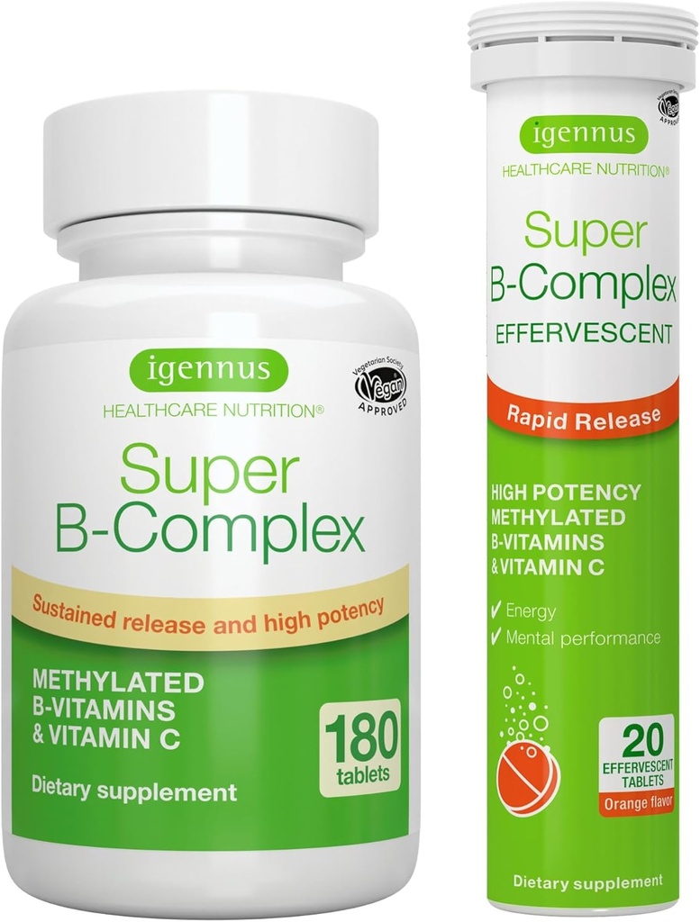 Super B-Complex Bundle, 180 Sustained-Release Tablets & 20 Orange Flavor Effervescent Tablets for Fast Energy On The Go, by Igennus 2
