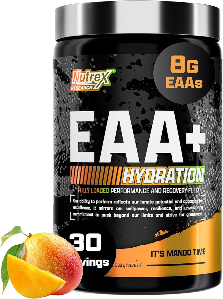 Nutrex Research EAA Hydration | EAAs + BCAA Powder | Muscle Recovery, Strength, Muscle Building, Endurance | 8G Essential Amino Acids + Electrolytes | 30 Servings It's Mango Time 2