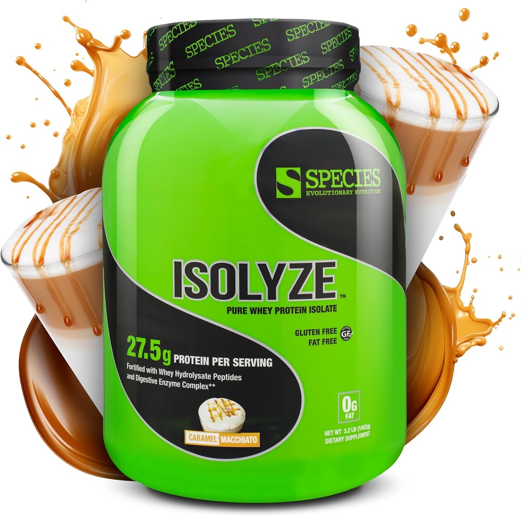 Species Nutrition Isolyze Whey Protein Powder, 100% Whey Isolate for Muscle Building, 27.5g Protein Per Scoop, No Sugar & Low Fat (Caramel Macchiato, 44 Servings) 2
