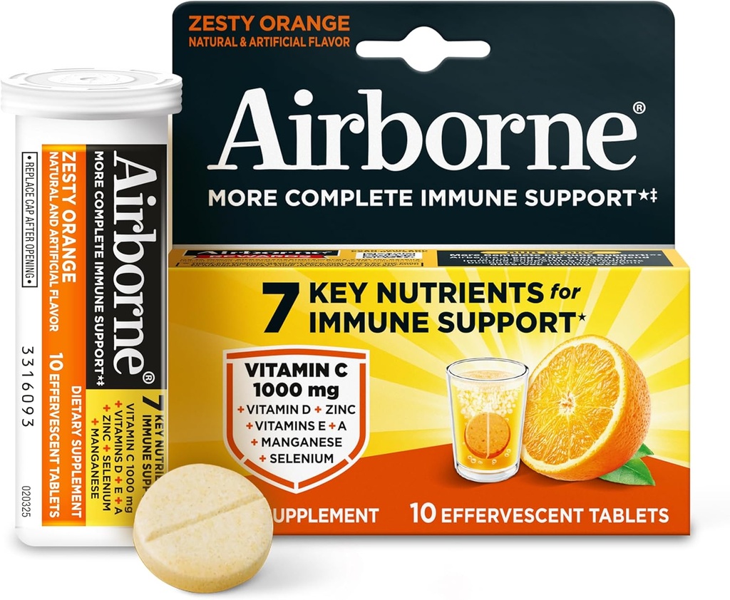 Airborne 1000mg Vitamin C with Vitamin D & Zinc, Sugar Free Multivitamin Immune Support Supplement, Antioxidants Vitamins A C & Vitamin E, 10 Effervescent Tablets, Zesty Orange Flavor 2