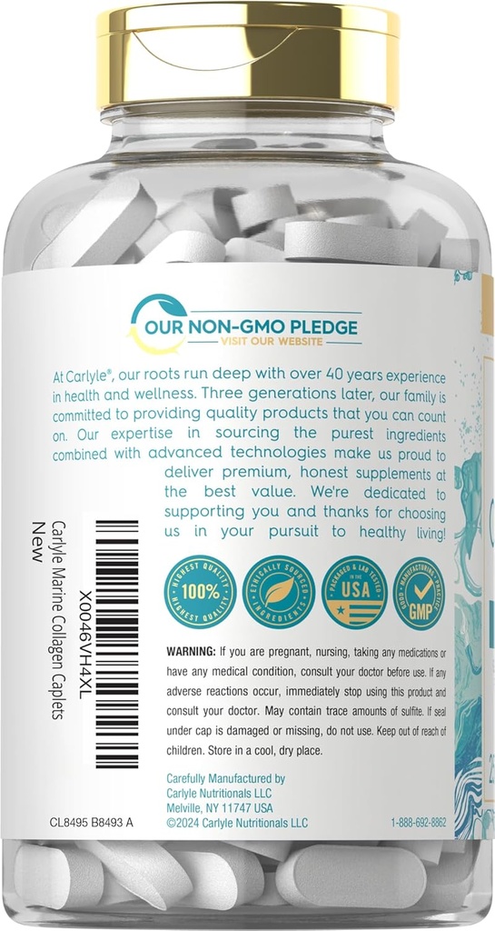 Carlyle Marine Collagen for Hair Skin and Nails | 250 Caplets | Peptides for Women and Men | Type I with Calcium | Non-GMO & Gluten Free 4