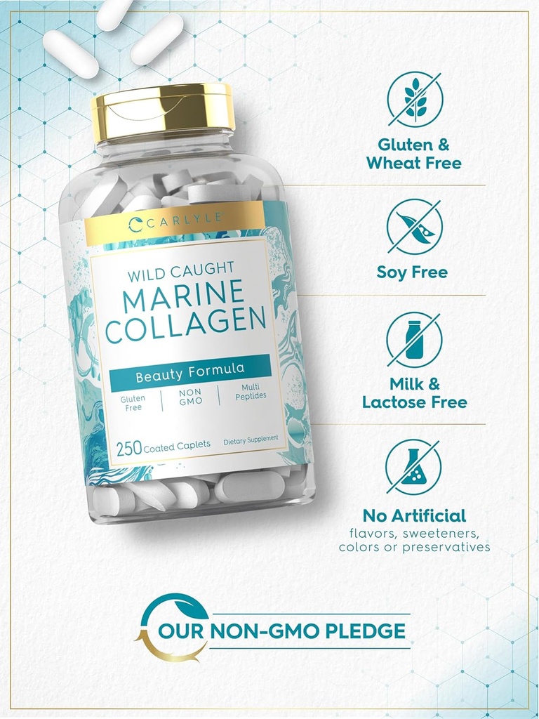 Carlyle Marine Collagen for Hair Skin and Nails | 250 Caplets | Peptides for Women and Men | Type I with Calcium | Non-GMO & Gluten Free 6
