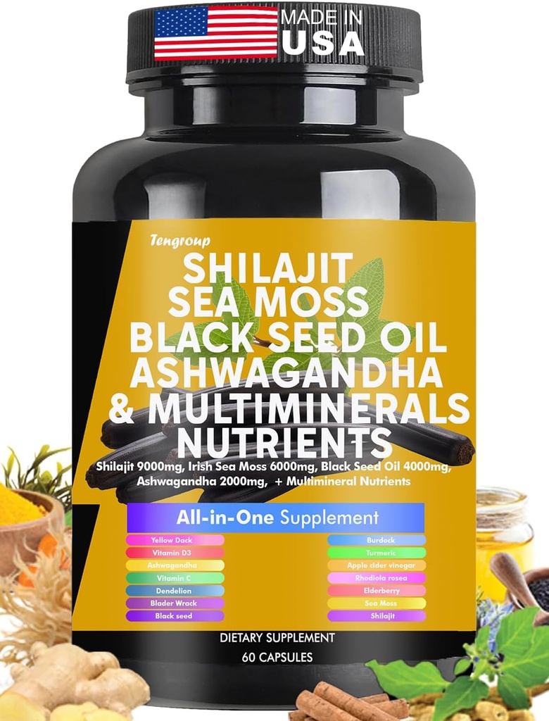 Shilajit Sea Moss Black Seed Oil Ashwagandha Burdock Vitamin C & D3 with Elderberry rhodiola rosea Dandelion Yellow Dock Turmeric ACV 2