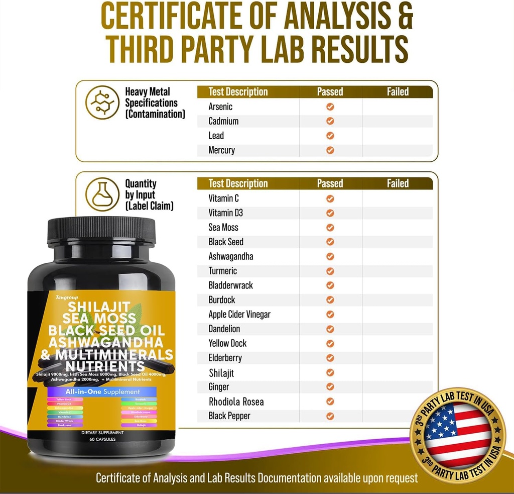 Shilajit Sea Moss Black Seed Oil Ashwagandha Burdock Vitamin C & D3 with Elderberry rhodiola rosea Dandelion Yellow Dock Turmeric ACV 5