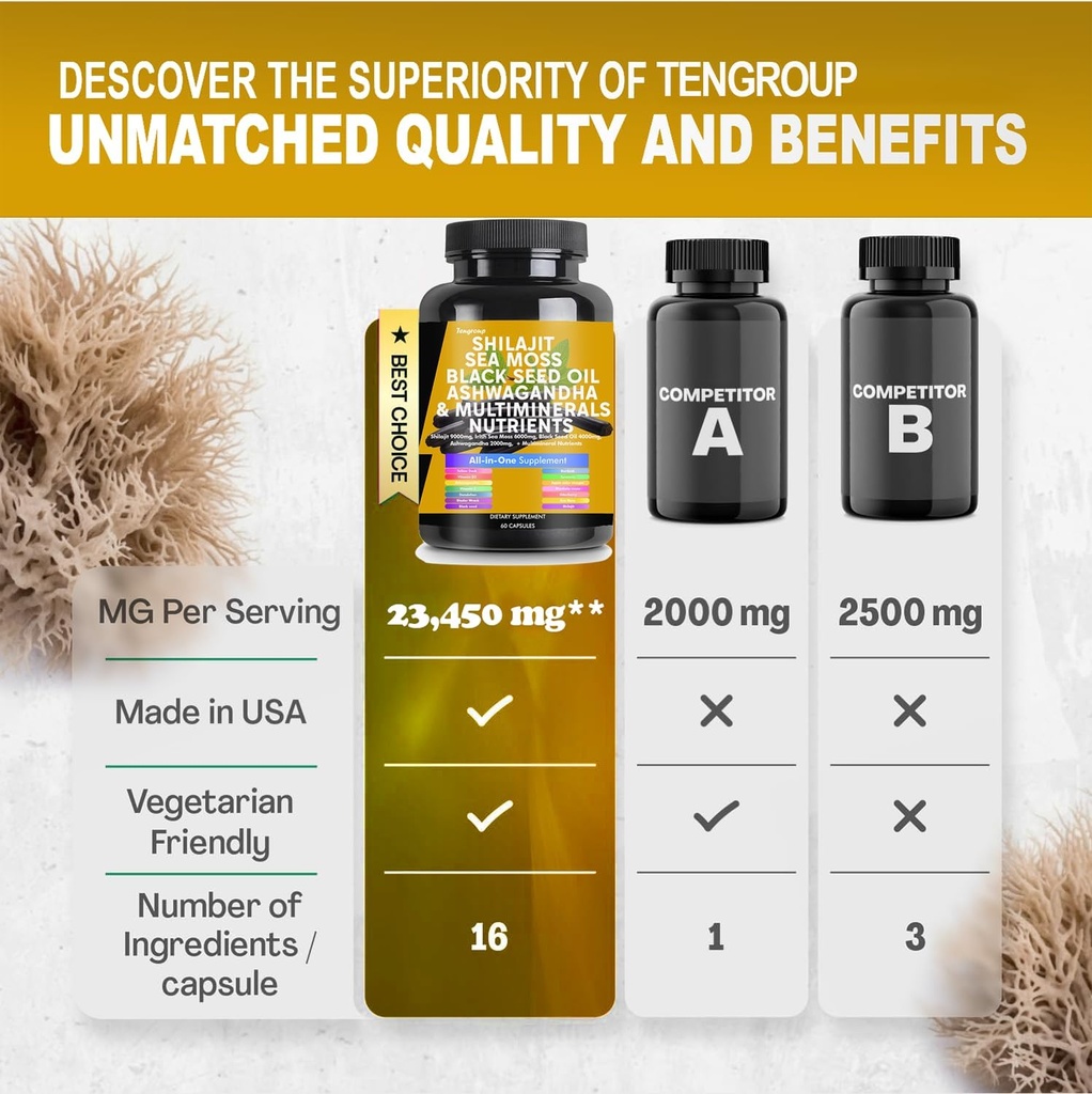 Shilajit Sea Moss Black Seed Oil Ashwagandha Burdock Vitamin C & D3 with Elderberry rhodiola rosea Dandelion Yellow Dock Turmeric ACV 6