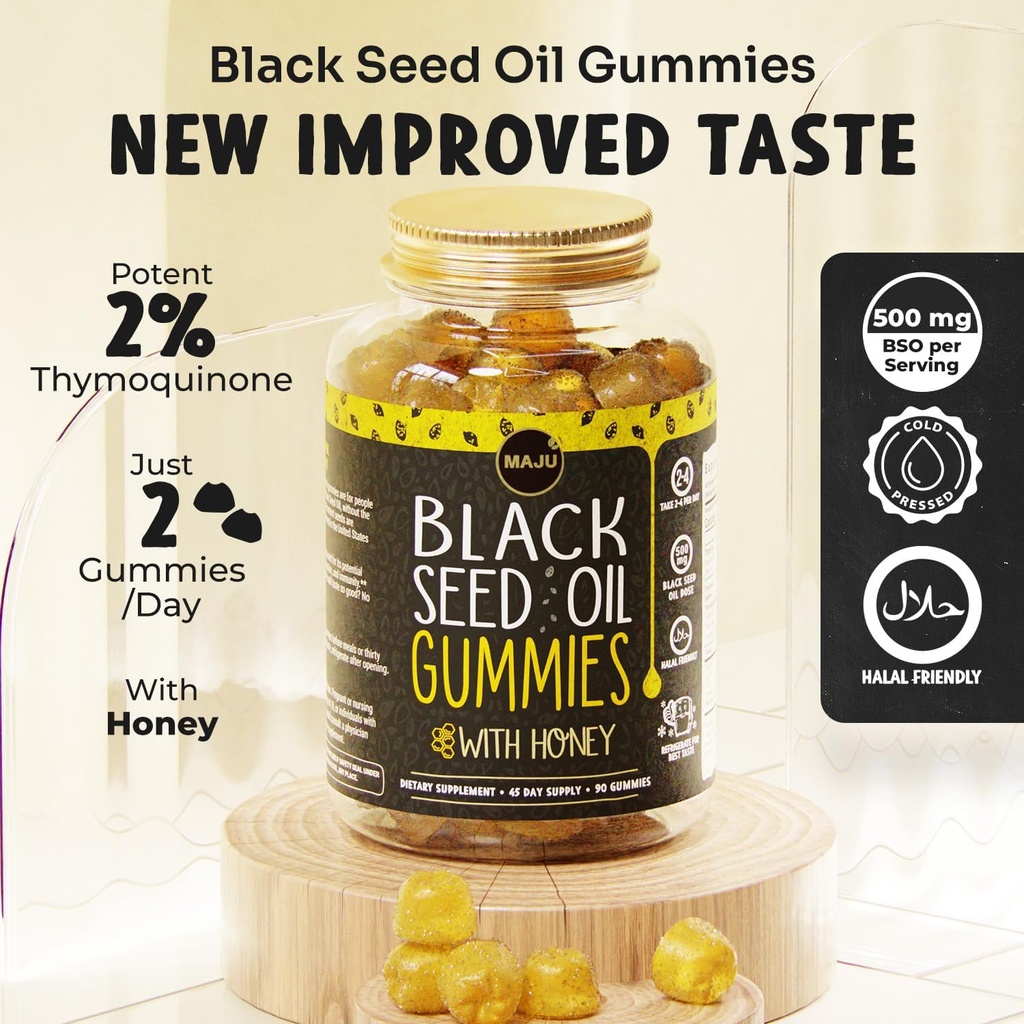 MAJU's Black Seed Oil Gummies with Honey 90ct, 500mg BSO Gummy, Black Cumin Seed Nigella Sativa Oil, Cold-Pressed, Potent Formula, 90ct 4