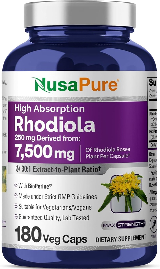 NusaPure Rhodiola Rosea 7,500mg 180 Veggie Capsules (Non-GMO, Extract 30:1, Vegan & Gluten-Free) Bioperine 2
