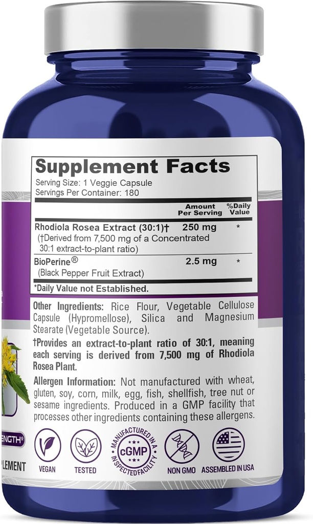 NusaPure Rhodiola Rosea 7,500mg 180 Veggie Capsules (Non-GMO, Extract 30:1, Vegan & Gluten-Free) Bioperine 3
