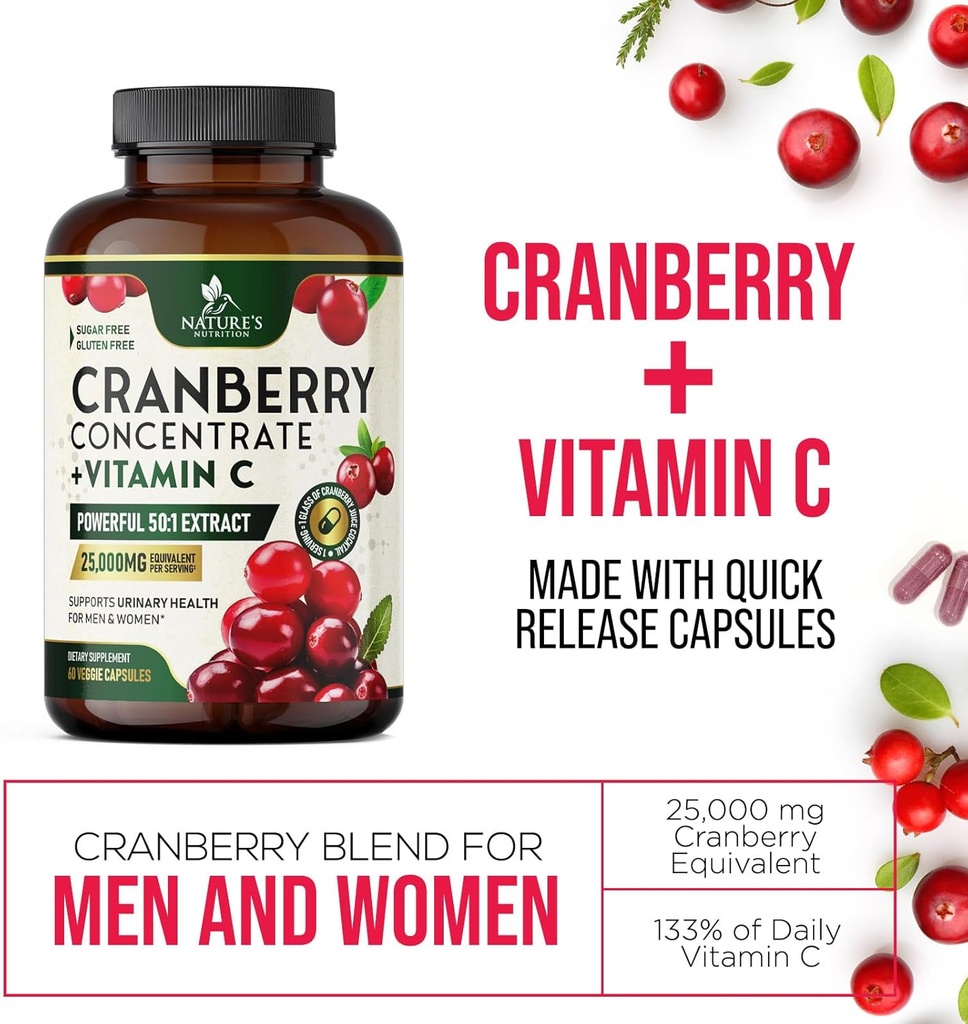 Cranberry Supplement Pills 25,000mg - High Potency Vitamin C Cranberry for Women & Men, Urinary Tract Health Support, Sugar Free, Gluten Free, Non-GMO, Cranberry Concentrate Extract - 120 Capsules 4