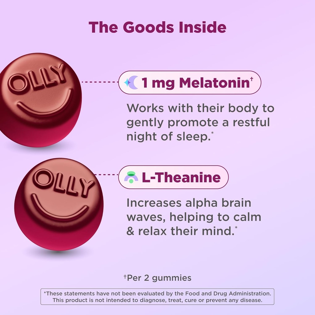 OLLY Kids Sleep Gummy, 0.5mg Melatonin, L Theanine, Chamomile, and Lemon Balm, Childrens Chewable Supplement, Raspberry - 50 Count 3