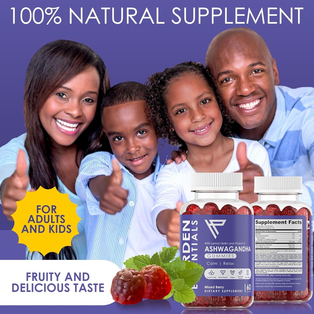 KSM-66 Ashwagandha Gummies w/Lemon Balm & Vitamin D (Max Strength 750mg per Gummy) - Herbal Vegan & Gluten Free - Calm Mood Relaxation - Support Stress - Gummies for Adults Kids Women Men (60 Count) 6